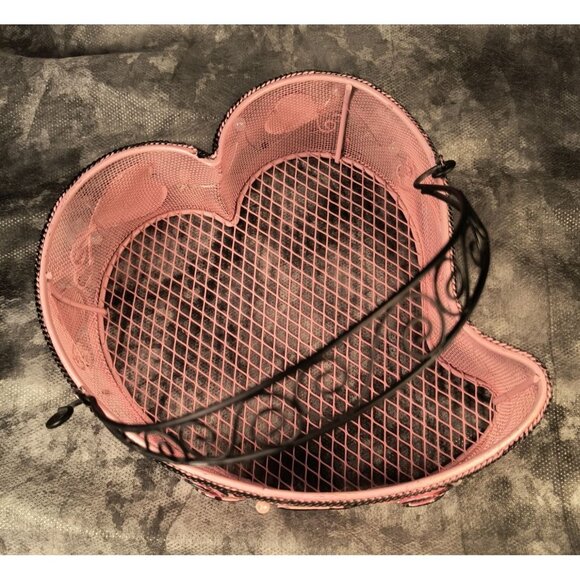 Heart-Shaped Pink Wire Mesh Basket With Black Scroll Handle & Glitter Heart Desi - Picture 1 of 4